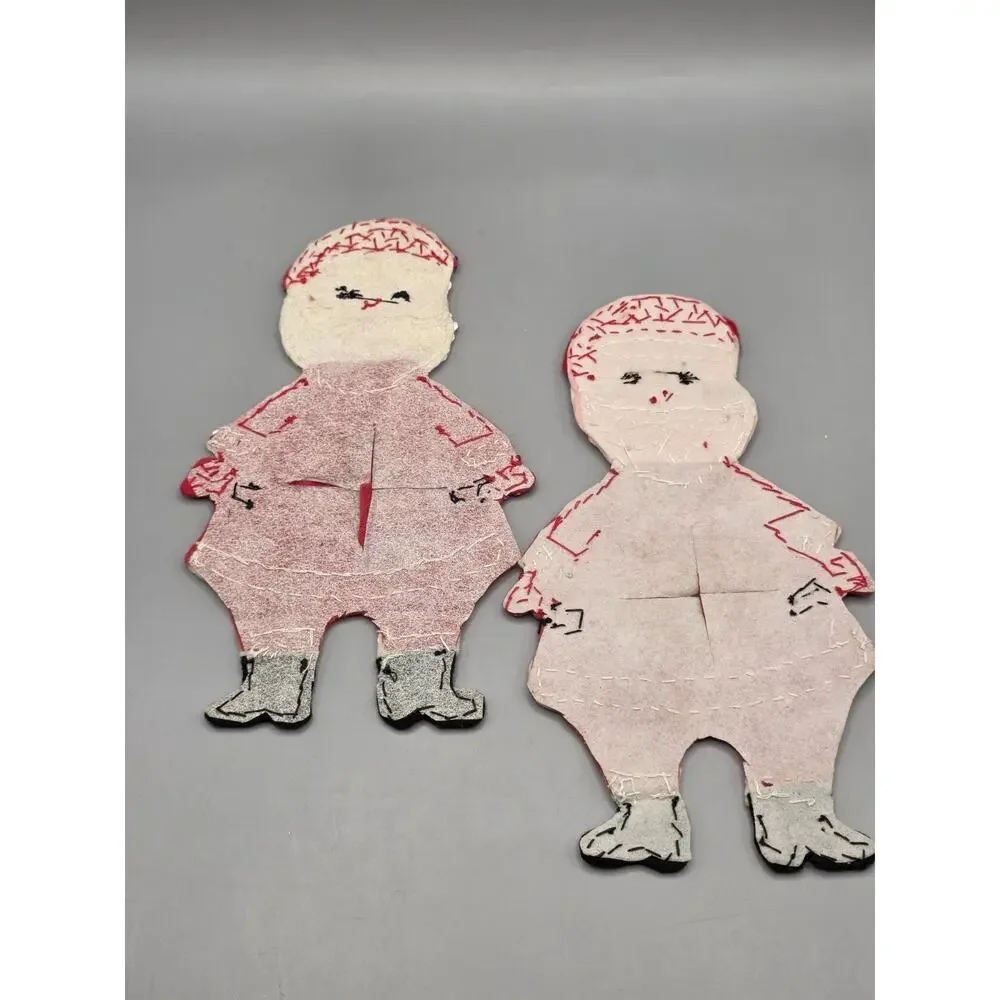 Vtg Mid Century Handmade Felt Sequin Santa Claus Door Knob Cover Hanger Pair